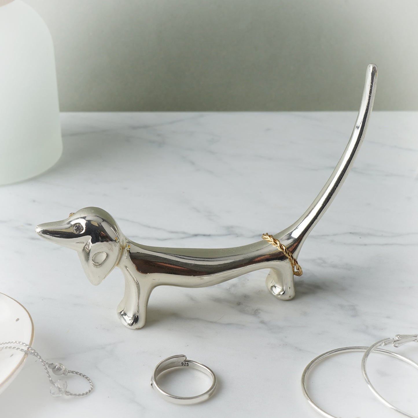 Sausage Dog Metal Silver Finish Ring and Jewellery Holder and Organiser Stand in Gift Box | Bedside and Bathroom or Kitchen Sink Storage