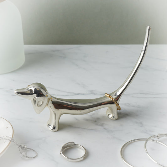 Sausage Dog Metal Silver Finish Ring and Jewellery Holder and Organiser Stand in Gift Box | Bedside and Bathroom or Kitchen Sink Storage