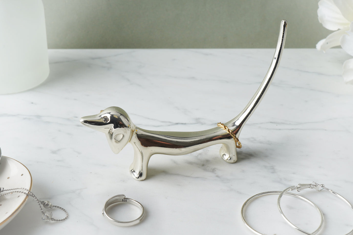 Dachshund Ring Holder | Silver Finish Dog Jewelry Stand
