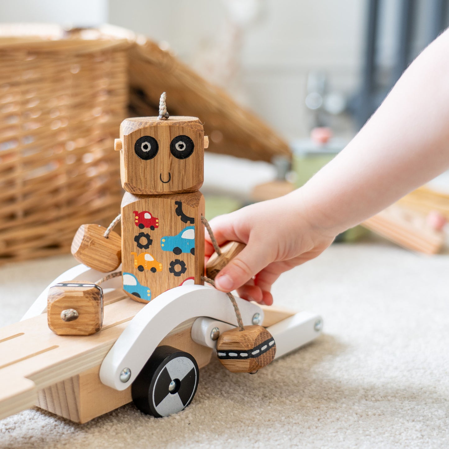 Hot Rod Ned in Oak | Handmade Wooden Robot Toy | UKCA CE Tested