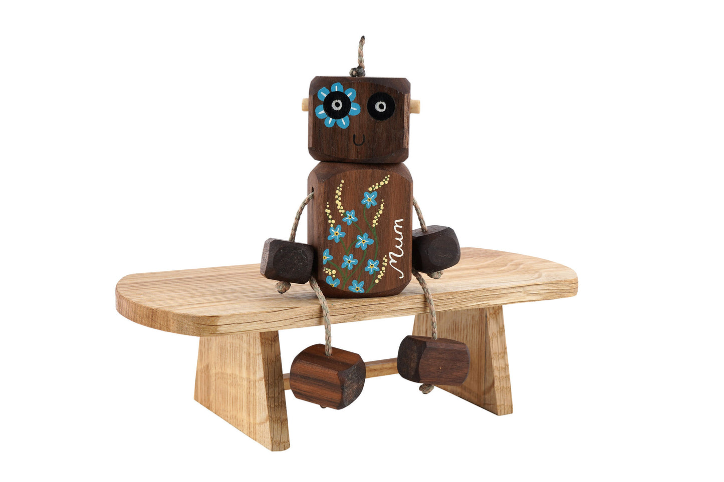 Personalised Forget-Me-Not Ned in Walnut | Handmade Wooden Robot Toy | UKCA CE Tested