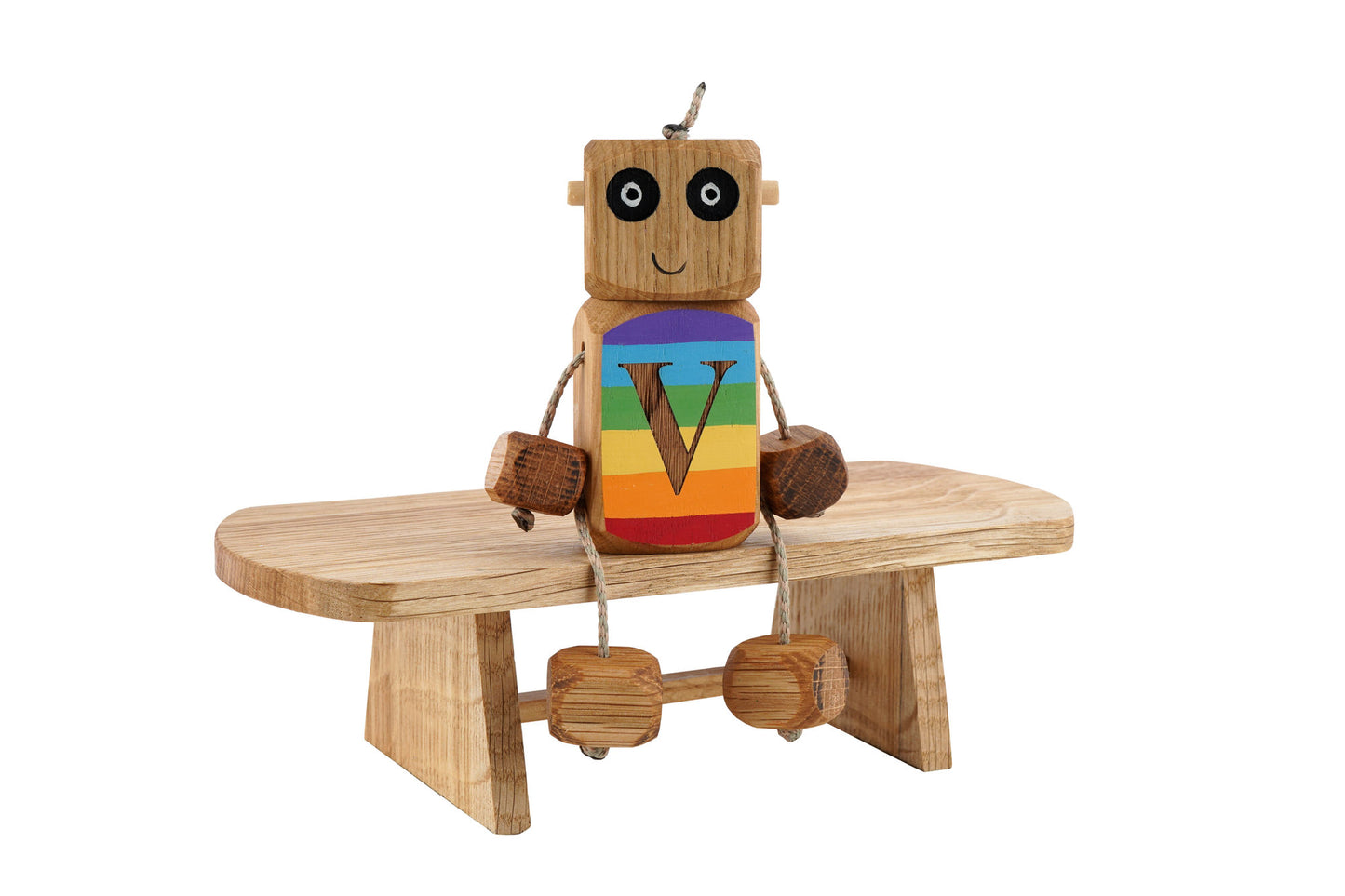 Personalised Etched Rainbow Letter Ned in Oak | Handmade Wooden Robot Toy | UKCA CE Tested
