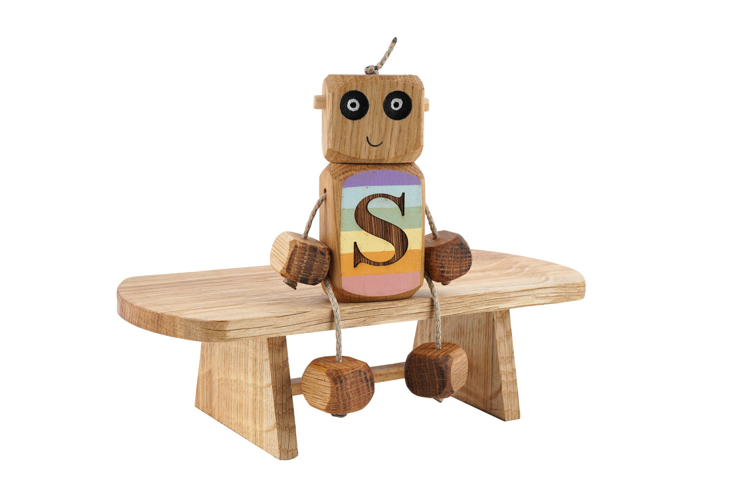 Personalised Etched Pastel Rainbow Letter Ned in Oak | Handmade Wooden Robot Toy | UKCA CE Tested