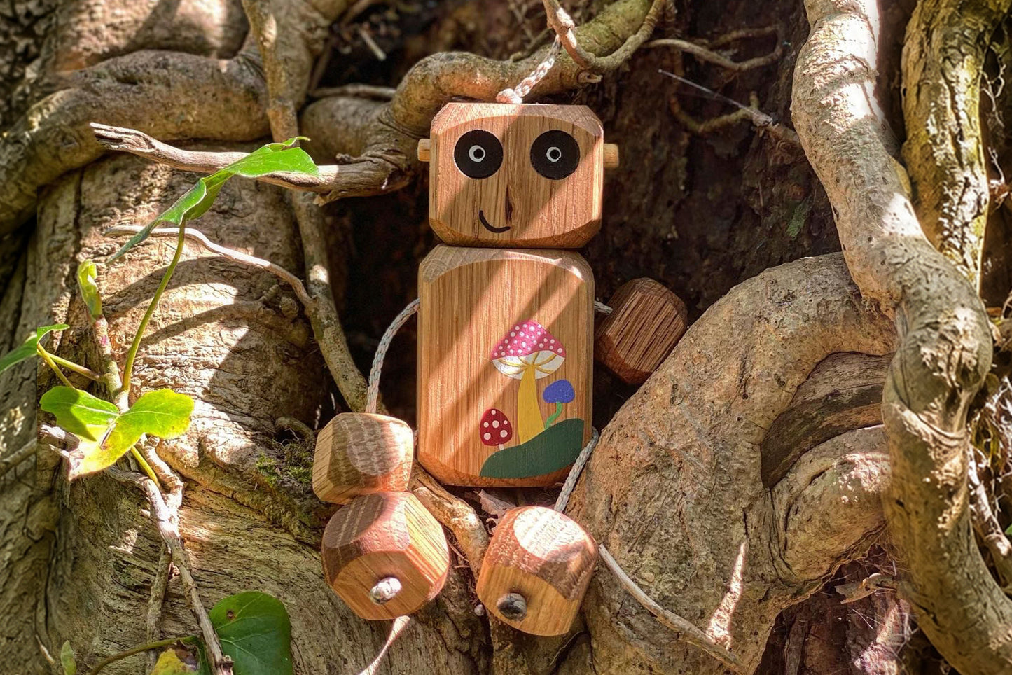 Mystic Mushroom Ned in Oak | Handmade Wooden Robot Toy | UKCA CE Tested