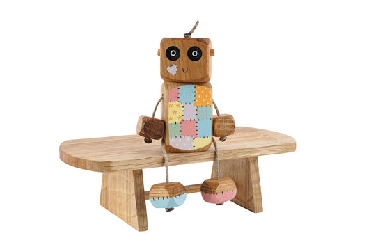 Pastel Patchwork Ned in Oak | Handmade Wooden Robot Toy | UKCA CE Tested