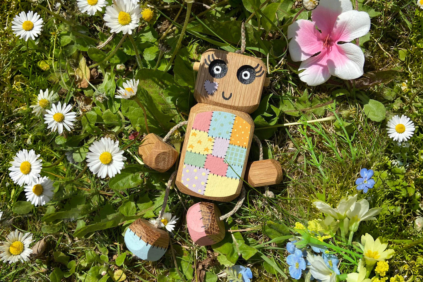 Pastel Patchwork Ned in Oak | Handmade Wooden Robot Toy | UKCA CE Tested