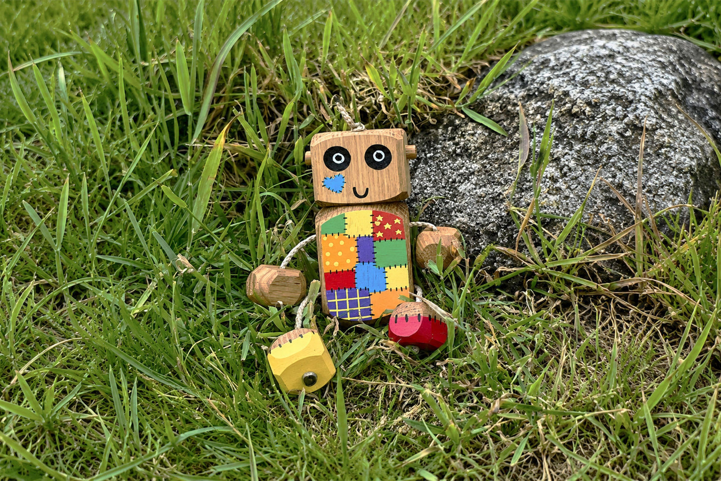 Rainbow Patchwork Ned in Oak | Handmade Wooden Robot Toy | UKCA CE Tested