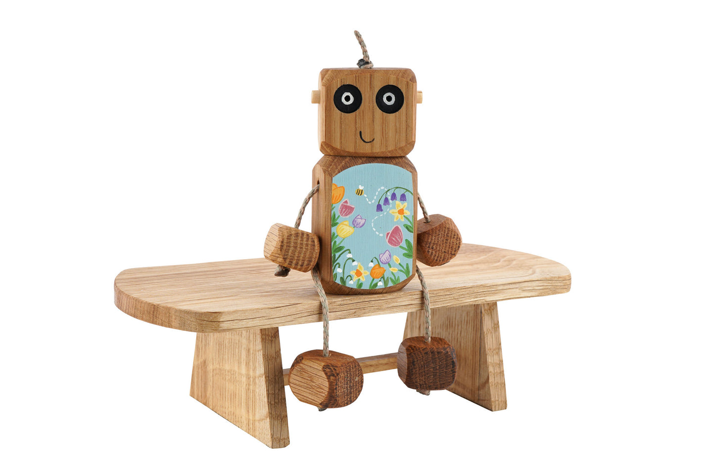 Hello Spring Ned in Oak | Handmade Wooden Robot Toy | UKCA CE Tested