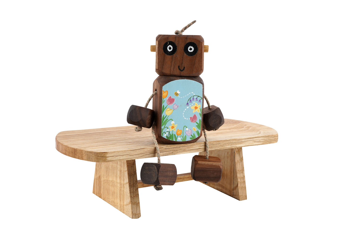 Hello Spring Ned in Walnut | Handmade Wooden Robot Toy | UKCA CE Tested