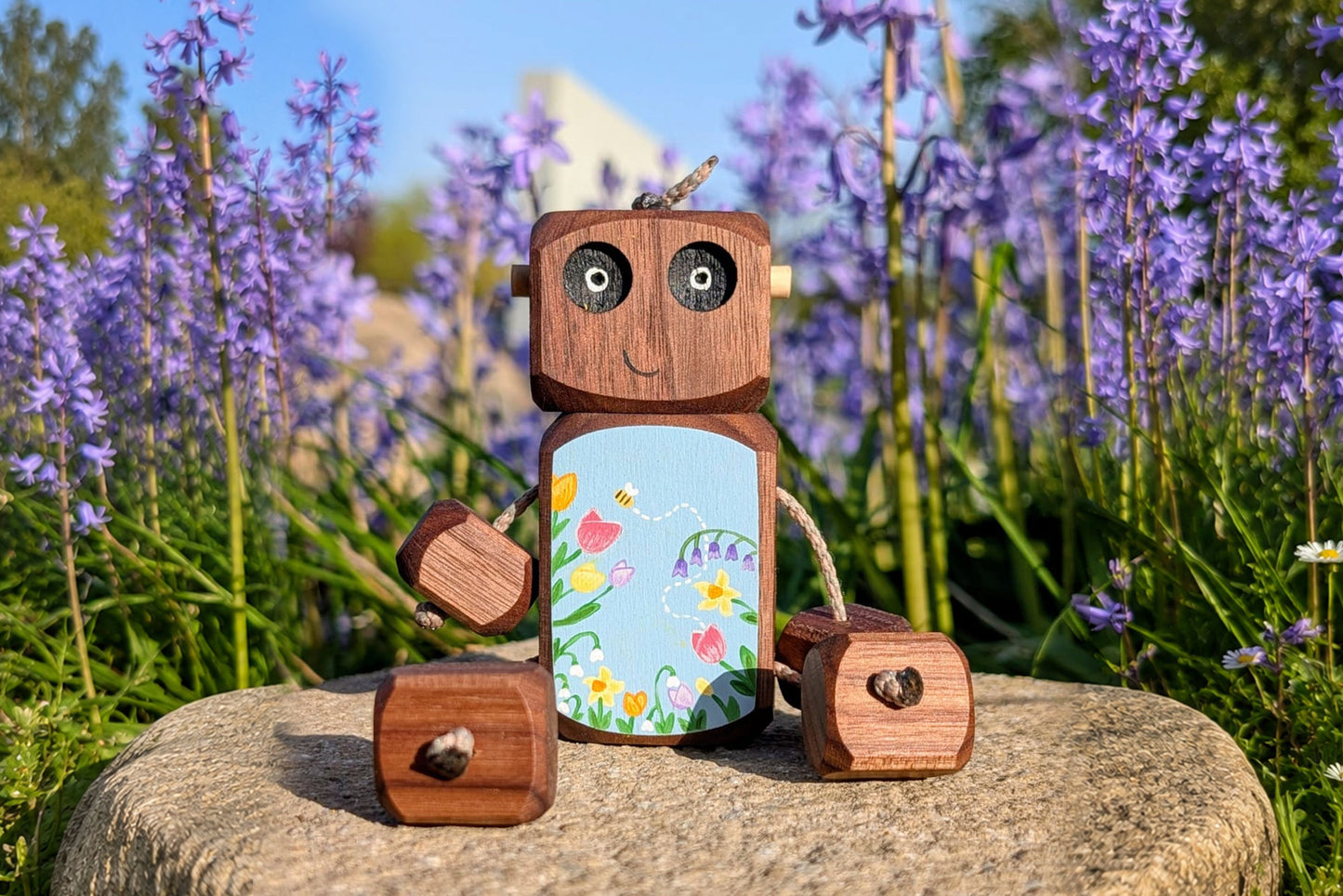 Hello Spring Ned in Walnut | Handmade Wooden Robot Toy | UKCA CE Tested