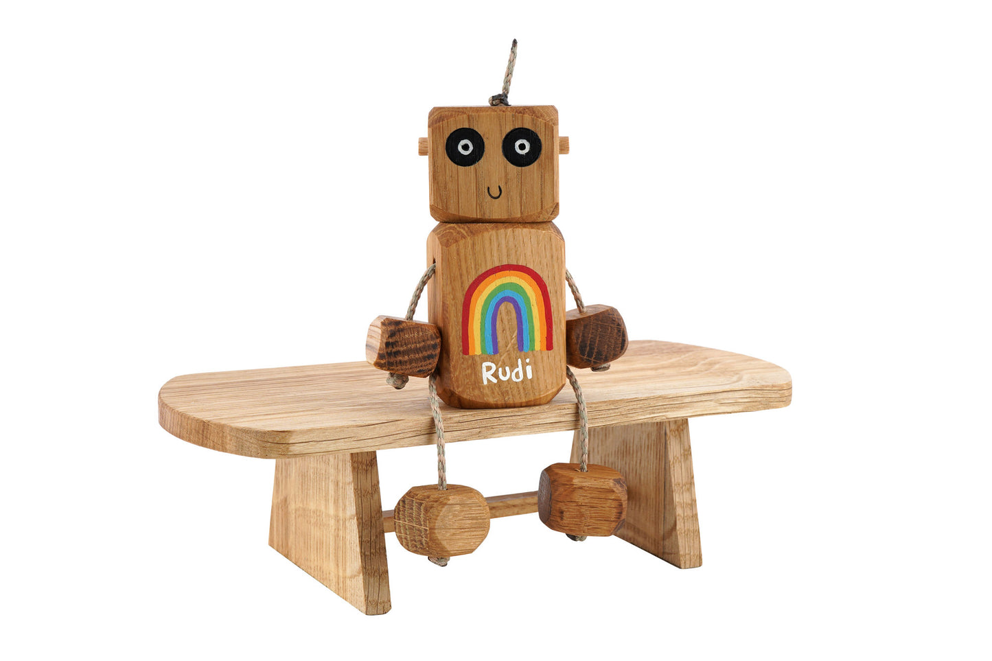 Personalised Rainbow Name in Oak | Handmade Wooden Robot Toy | UKCA CE Tested