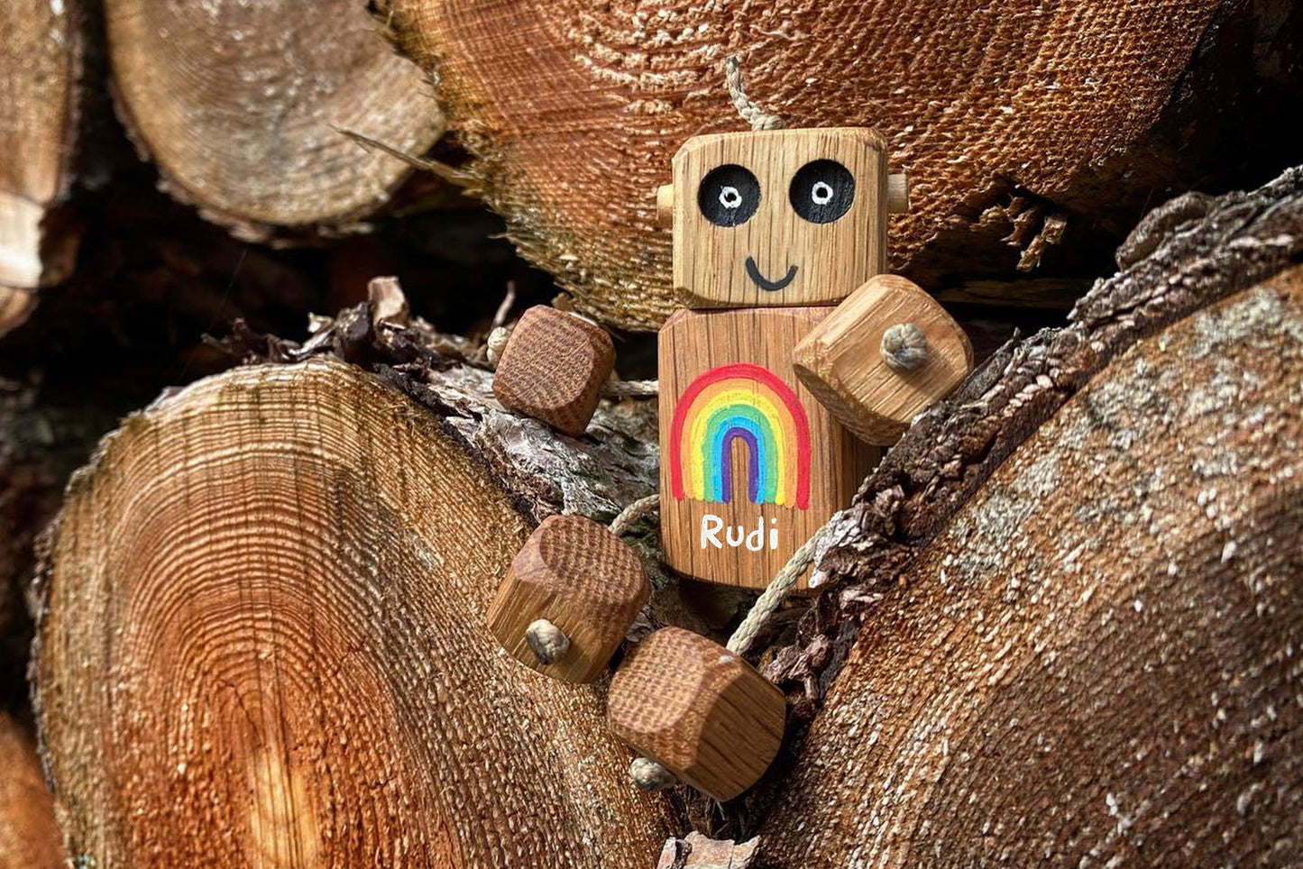 Personalised Rainbow Name in Oak | Handmade Wooden Robot Toy | UKCA CE Tested