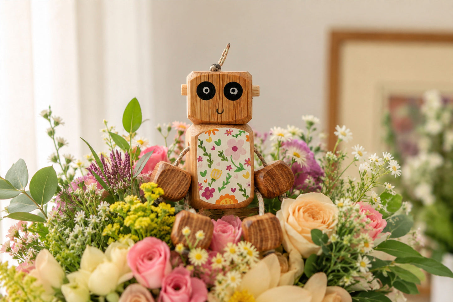 Bring You Flowers Nedlet in Oak | Handmade Wooden Robot Toy | UKCA CE Tested Age: 3+