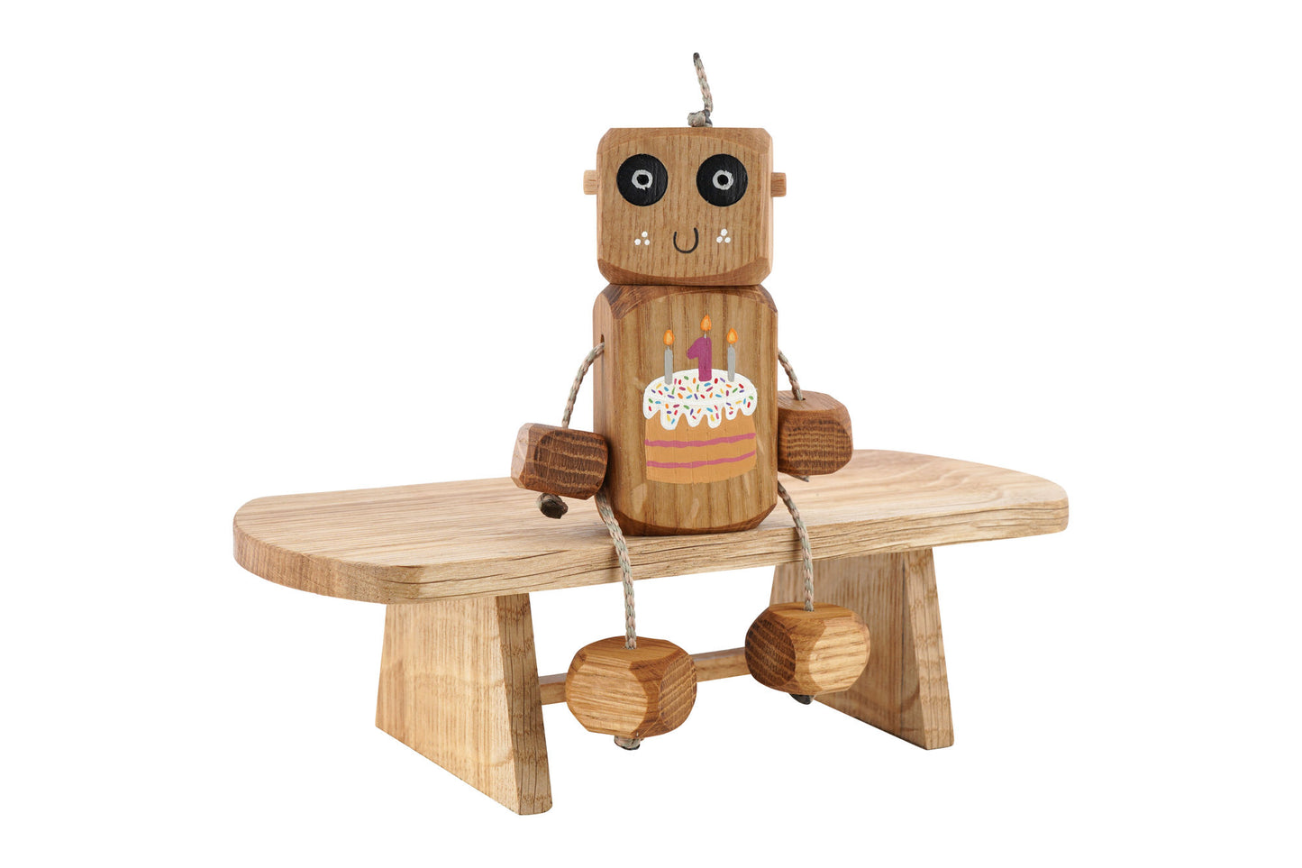 Personalised Birthday Cake Ned in Oak | Handmade Wooden Robot Toy | UKCA CE Tested