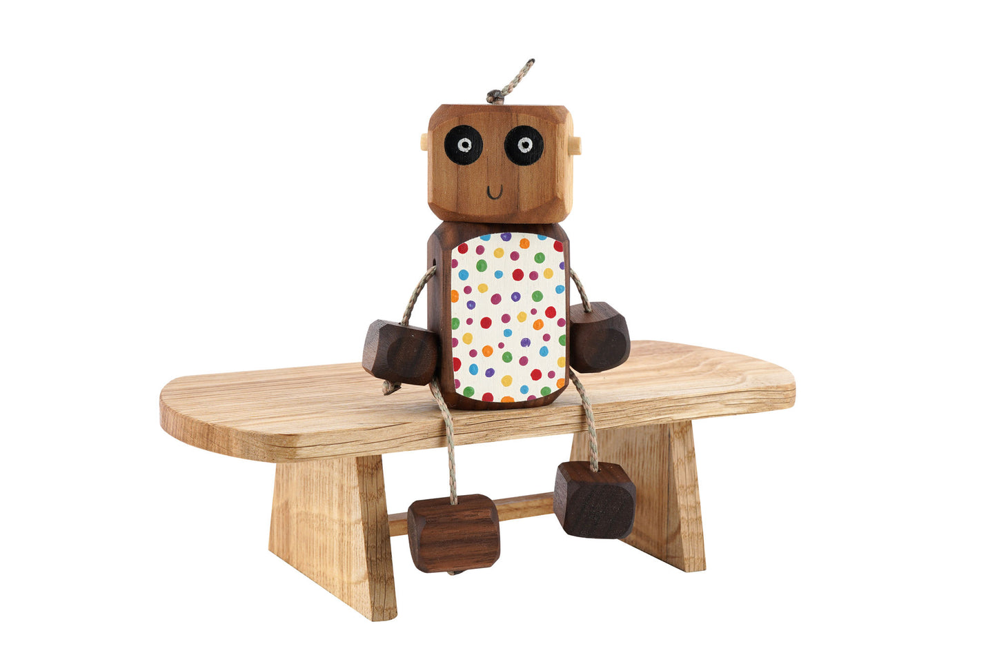 Polka Dot Ned in Walnut | Handmade Wooden Robot Toy | UKCA CE Tested