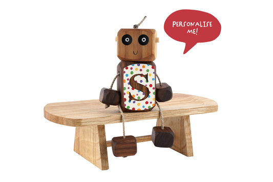 Personalised Etched Polka Dot Number Ned in Walnut | Handmade Wooden Robot Toy | UKCA CE Tested