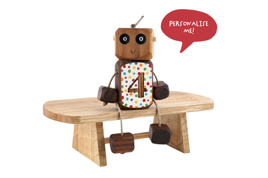 Personalised Etched Polka Dot Number Ned in Walnut | Handmade Wooden Robot Toy | UKCA CE Tested