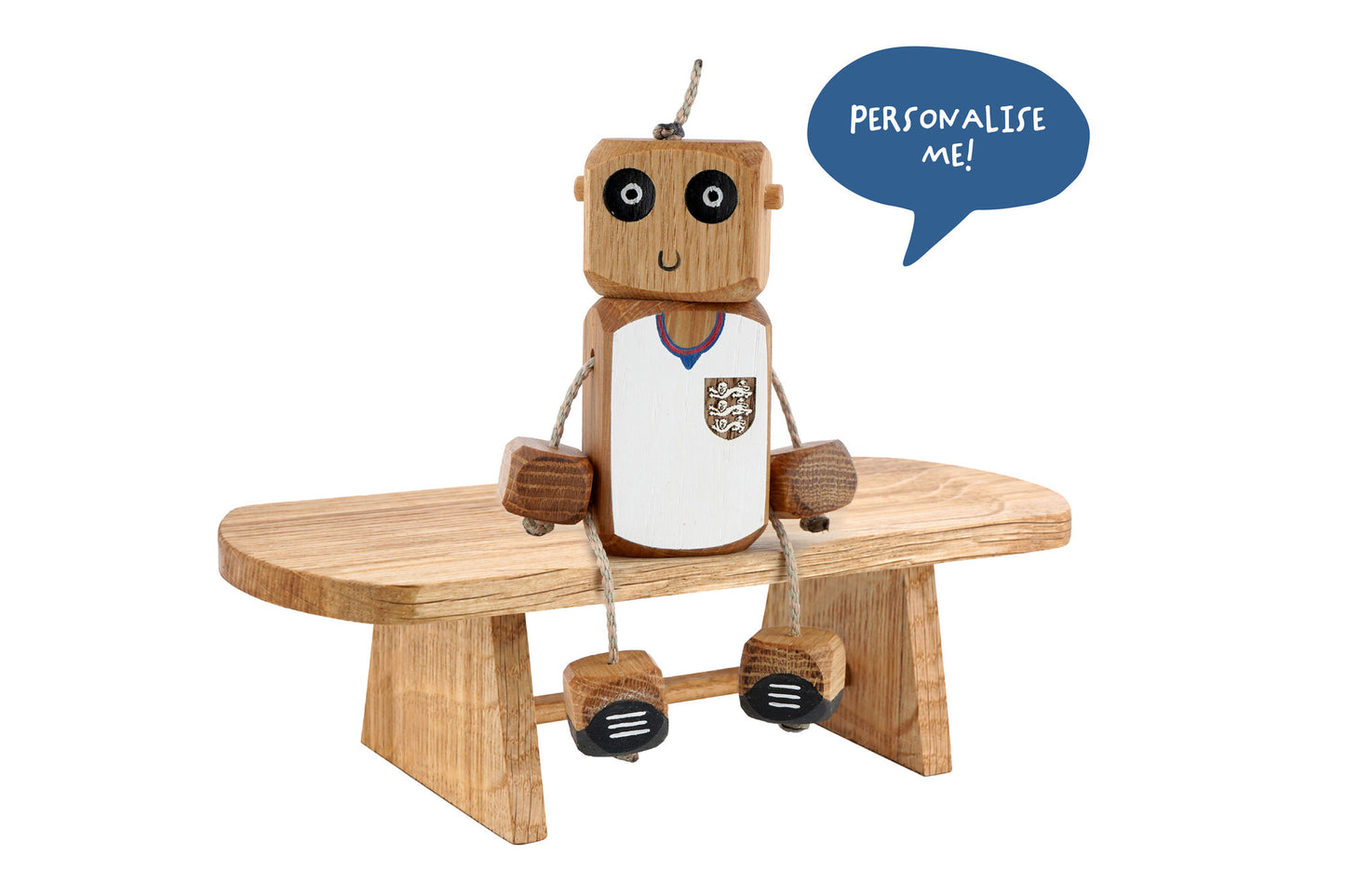 Personalised England Football Ned in Oak | Handmade Wooden Robot Toy | UKCA CE Tested