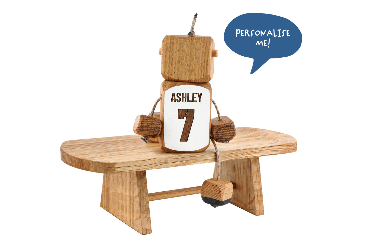 Personalised England Football Ned in Oak | Handmade Wooden Robot Toy | UKCA CE Tested