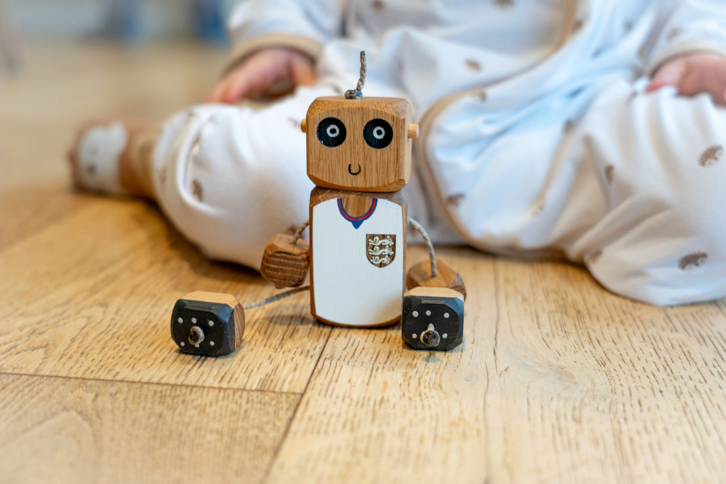 Personalised England Football Ned in Oak | Handmade Wooden Robot Toy | UKCA CE Tested