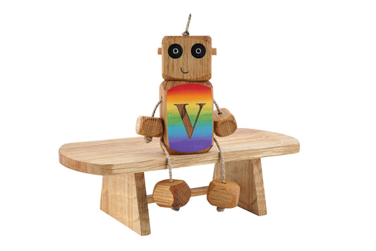 Personalised Rainbow Ombre Etched Letter Ned in Oak | Handmade Wooden Robot Toy | UKCA CE Tested