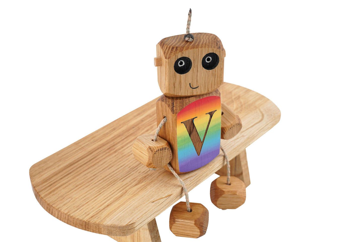 Personalised Rainbow Ombre Etched Letter Ned in Oak | Handmade Wooden Robot Toy | UKCA CE Tested