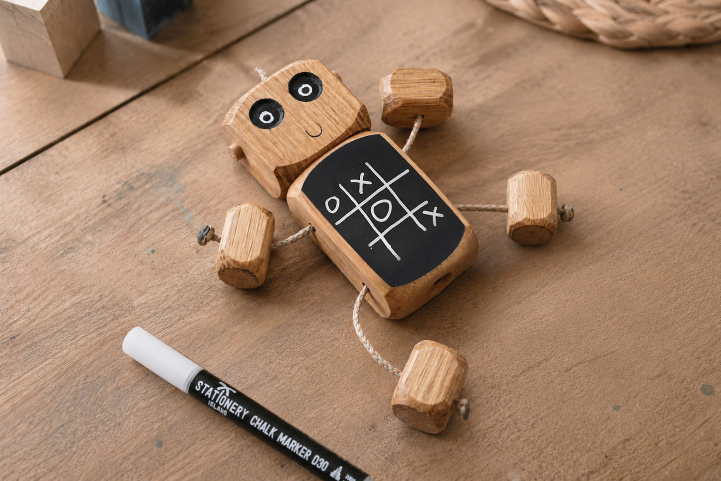 Chalkboard Ned in Oak | Handmade Wooden Robot Toy | UKCA CE Tested