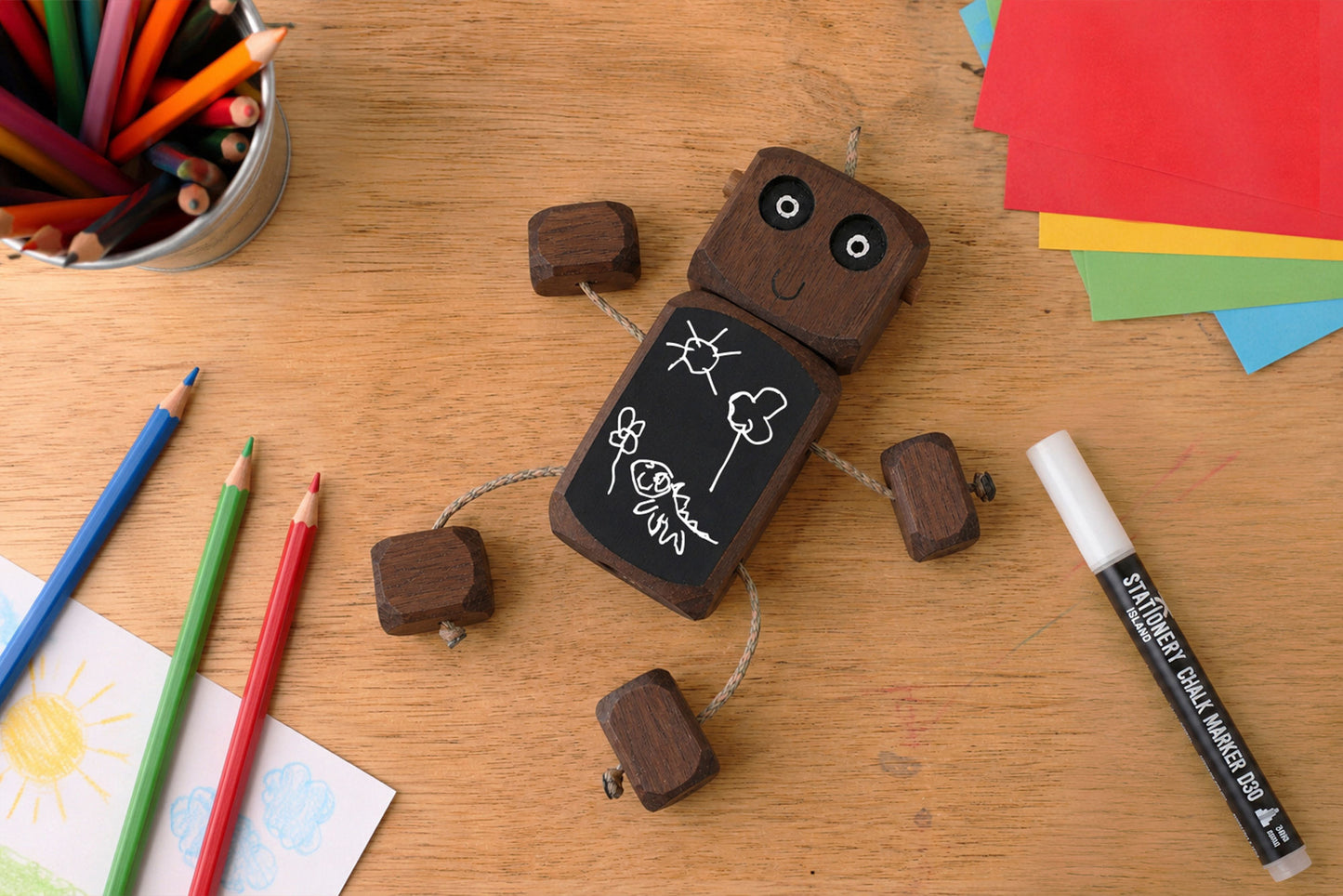 Chalkboard Ned in Walnut | Handmade Wooden Robot Toy | UKCA CE Tested