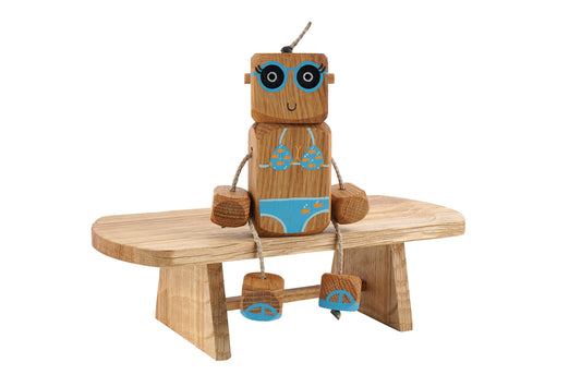 Bikini Holiday Ned in Oak | Handmade Wooden Robot Toy | UKCA CE Tested