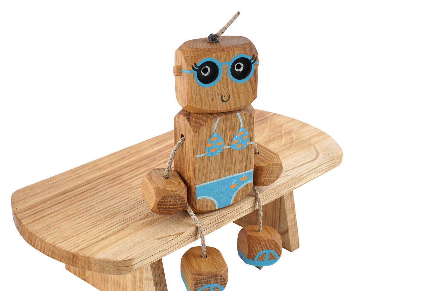 Bikini Holiday Ned in Oak | Handmade Wooden Robot Toy | UKCA CE Tested
