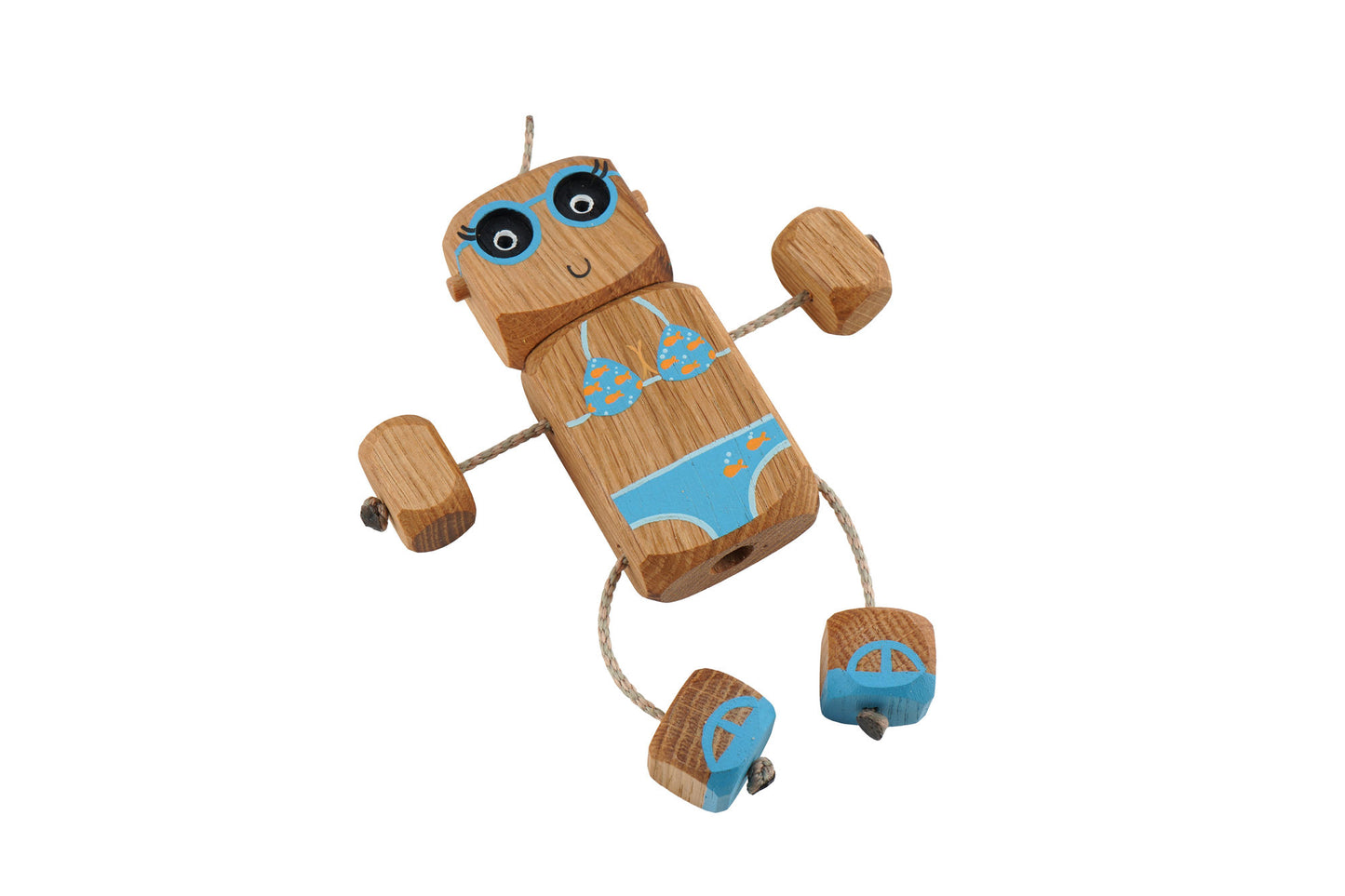 Bikini Holiday Ned in Oak | Handmade Wooden Robot Toy | UKCA CE Tested