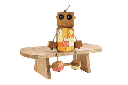 Summer Patchwork Ned in Oak | Handmade Wooden Robot Toy | UKCA CE Tested