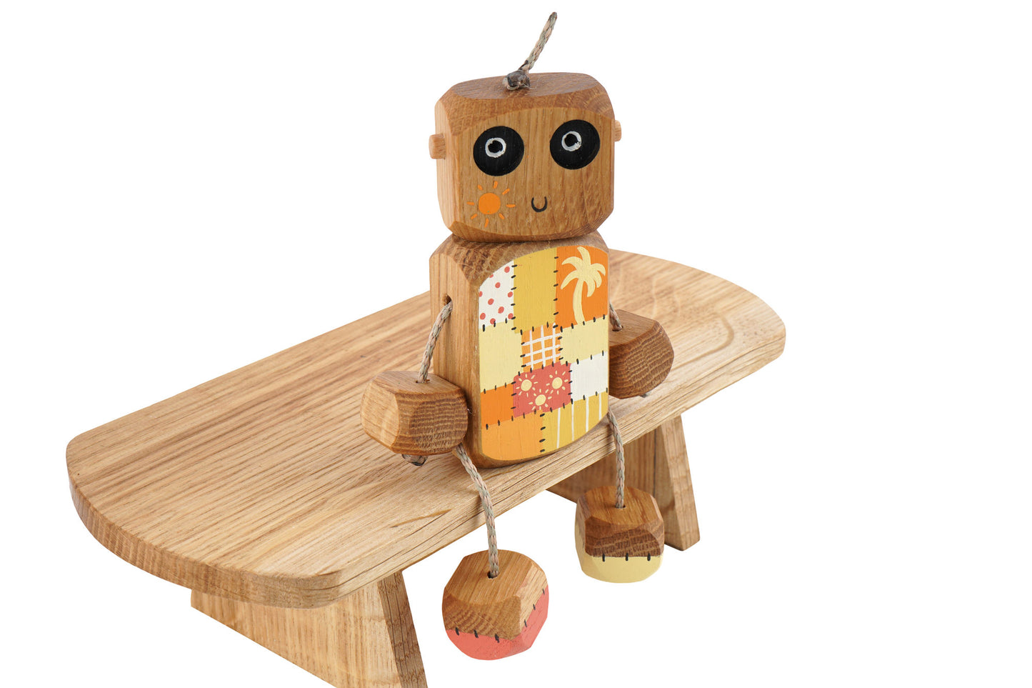 Summer Patchwork Ned in Oak | Handmade Wooden Robot Toy | UKCA CE Tested