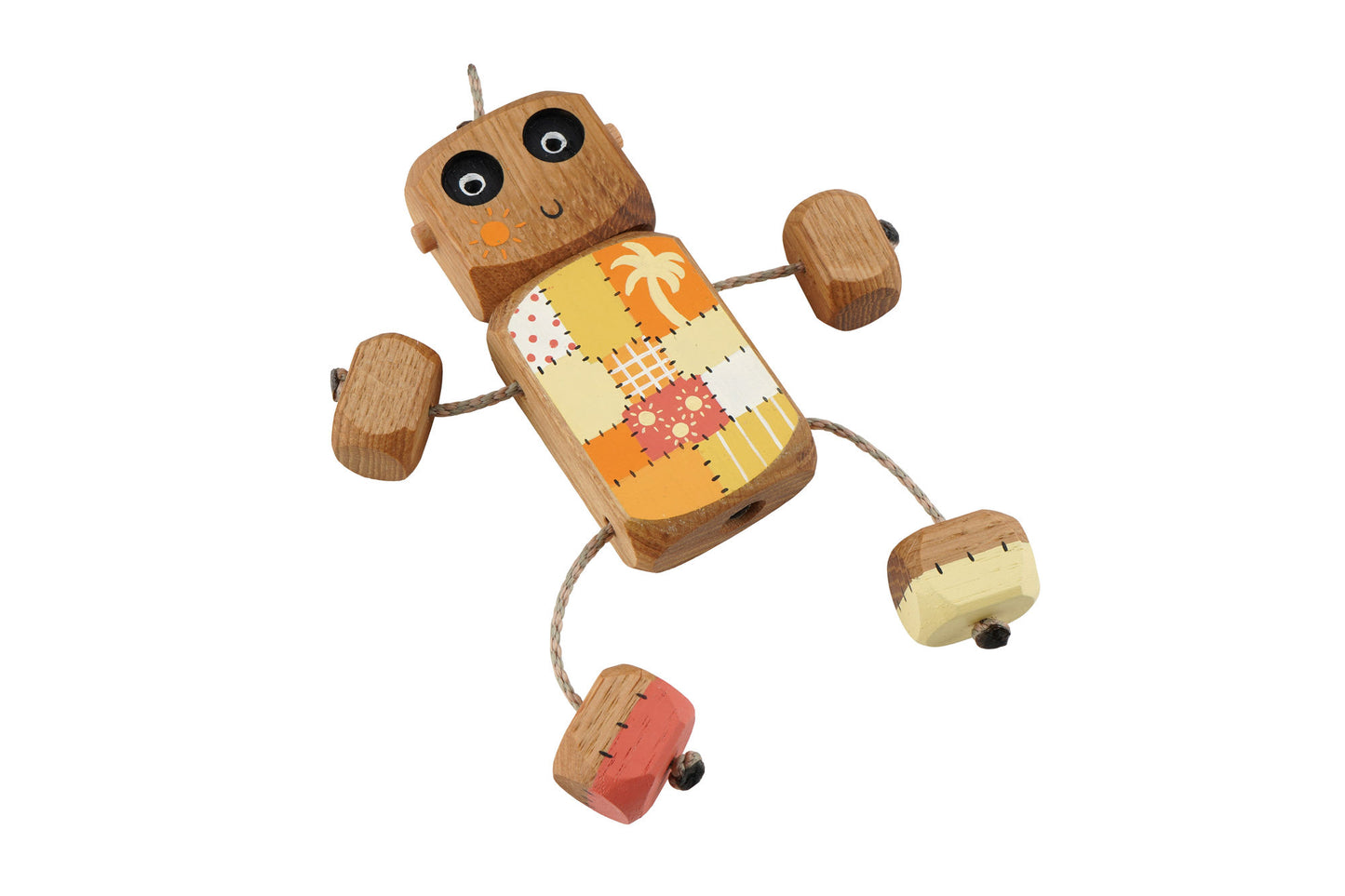 Summer Patchwork Ned in Oak | Handmade Wooden Robot Toy | UKCA CE Tested