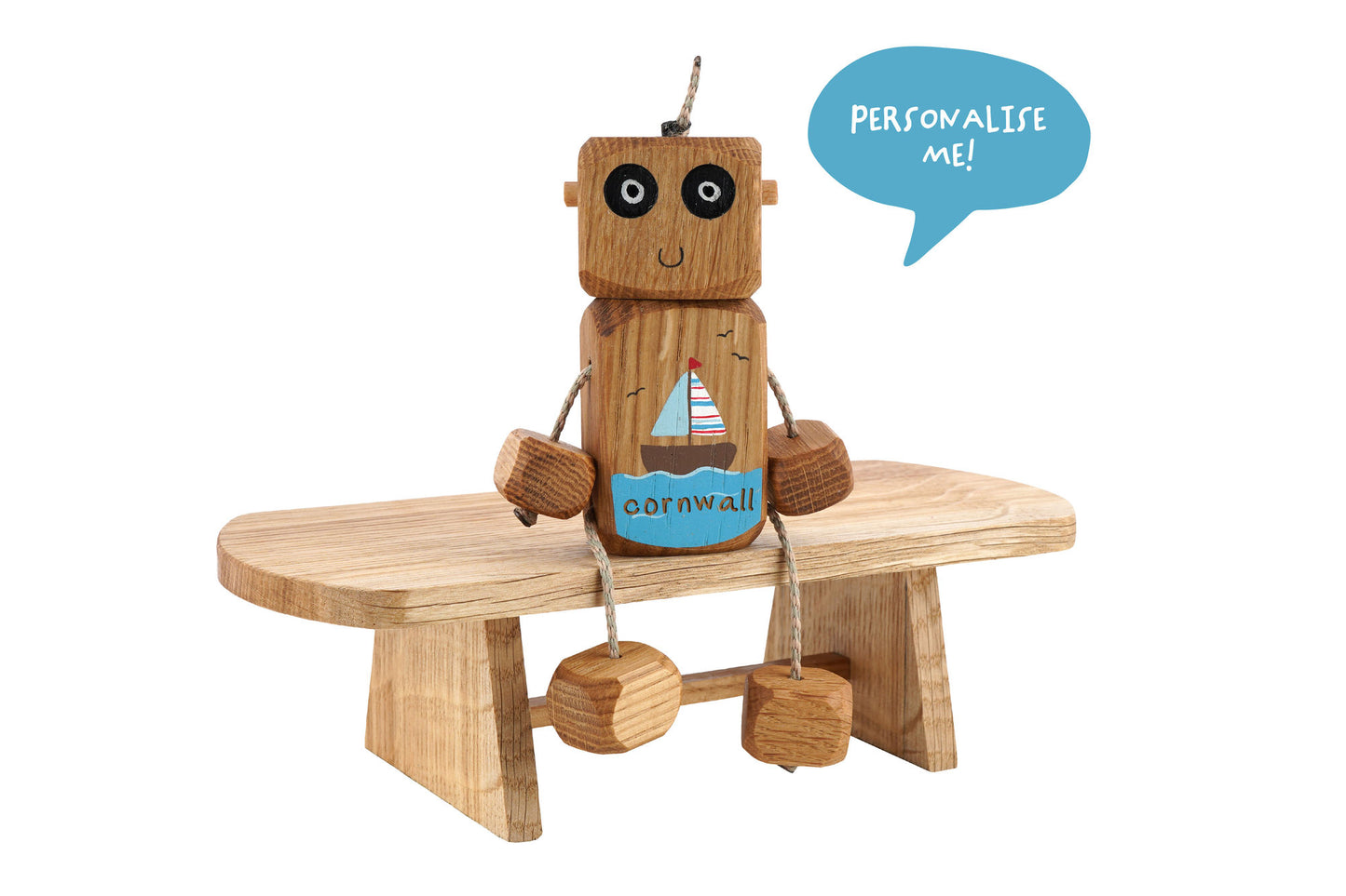 Personalised Seaside Ned in Oak | Handmade Wooden Robot Toy | UKCA CE Tested