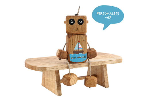 Personalised Seaside Ned in Oak | Handmade Wooden Robot Toy | UKCA CE Tested