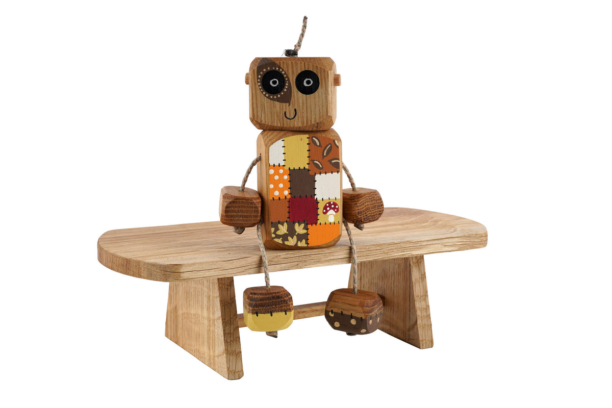 Autumnal Patchwork Ned in Oak | Handmade Wooden Robot Toy | UKCA CE Tested