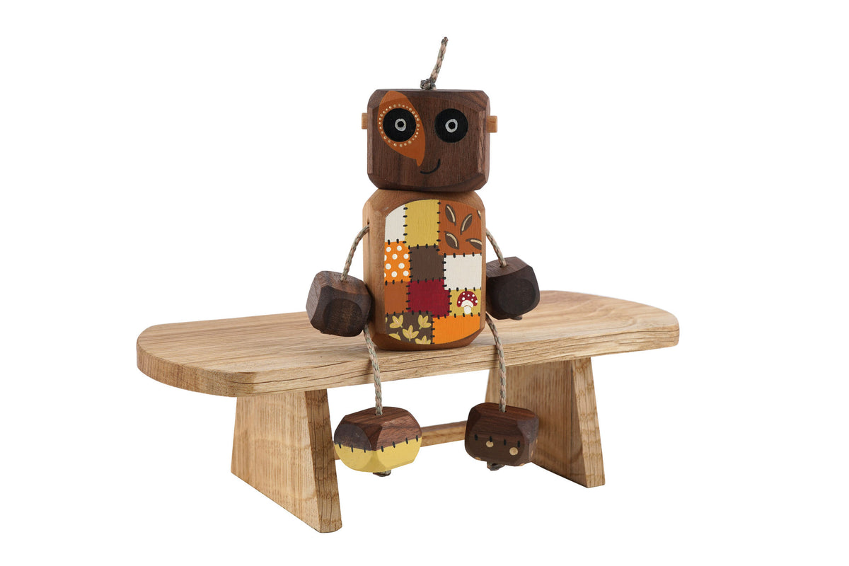 Autumnal Patchwork Ned in Walnut | Handmade Wooden Robot Toy | UKCA CE Tested