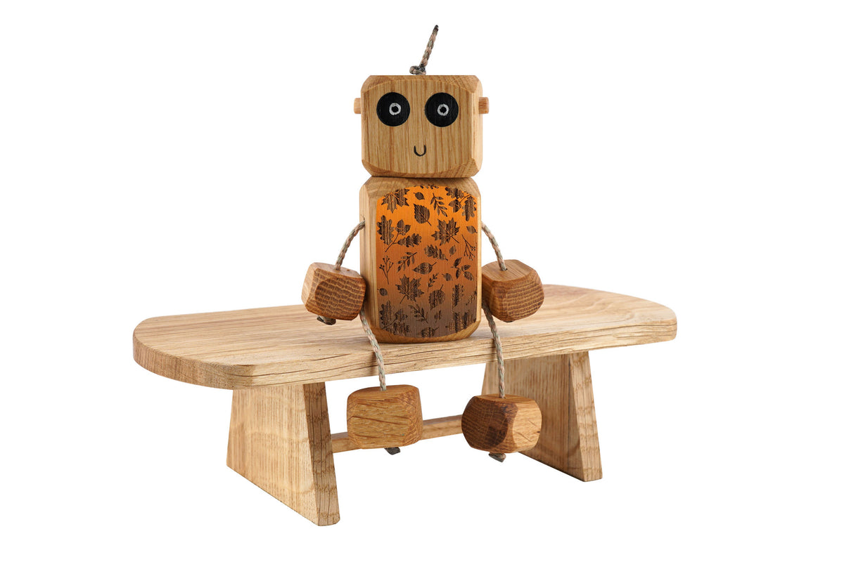 Autumn Leaf Ned in Oak | Handmade Wooden Robot Toy | UKCA CE Tested