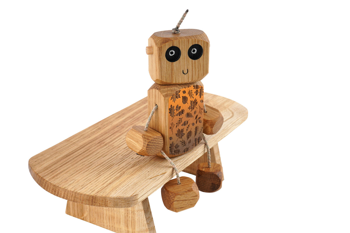 Autumn Leaf Ned in Oak | Handmade Wooden Robot Toy | UKCA CE Tested