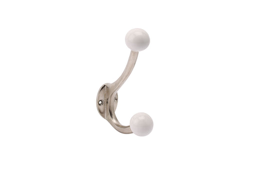 Large Traditional Hat & Coat Nickel Double Hook With Cream Ceramic Balls