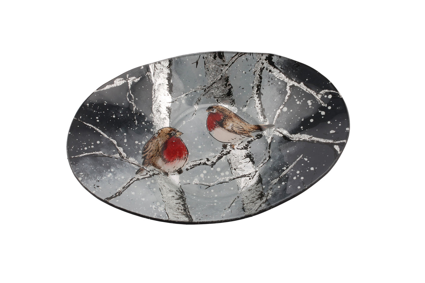 Winter Robin Glass Large Oval Bowl