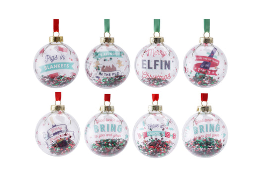 Set of 8 Sequin Filled Slogan Glass Baubles • Gift For Christmas