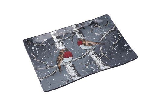 Winter Robin Glass Medium Rectangular Dish