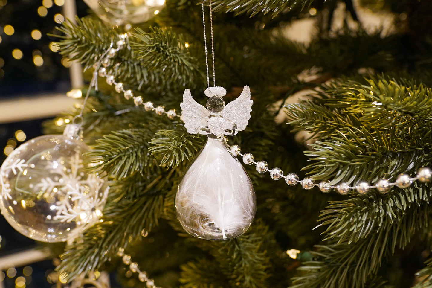 Glass Silver Heart Hanging Angel with Feather