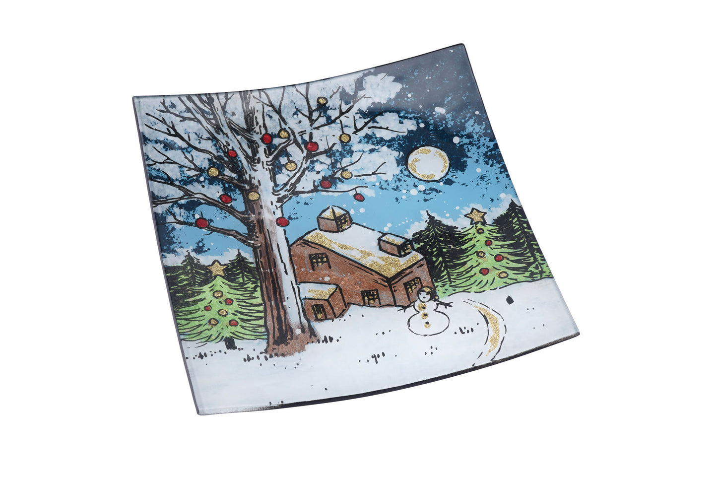 Christmas Cabin Glass Small Square Plate