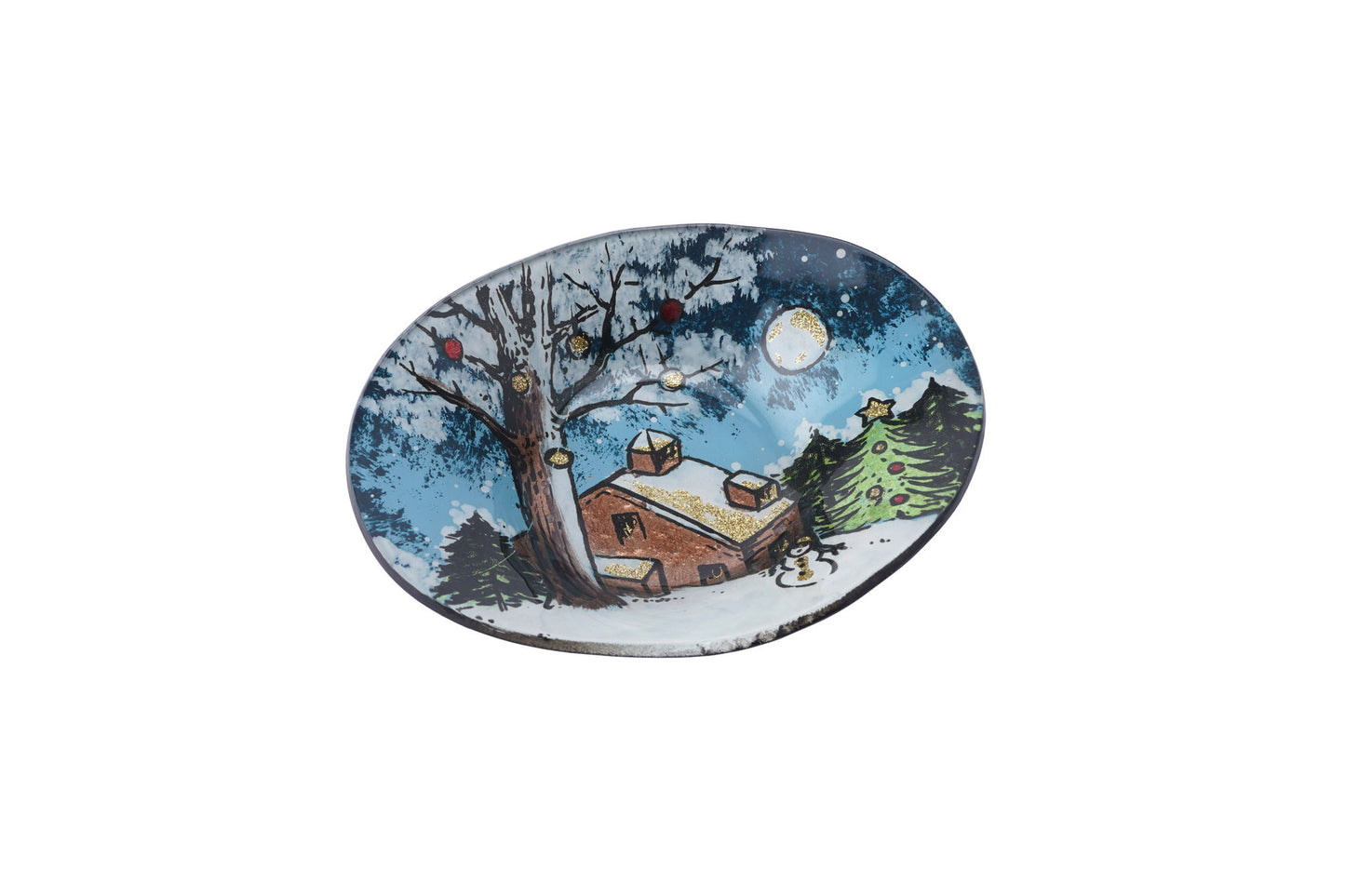 Christmas Cabin Glass Small Oval Bowl