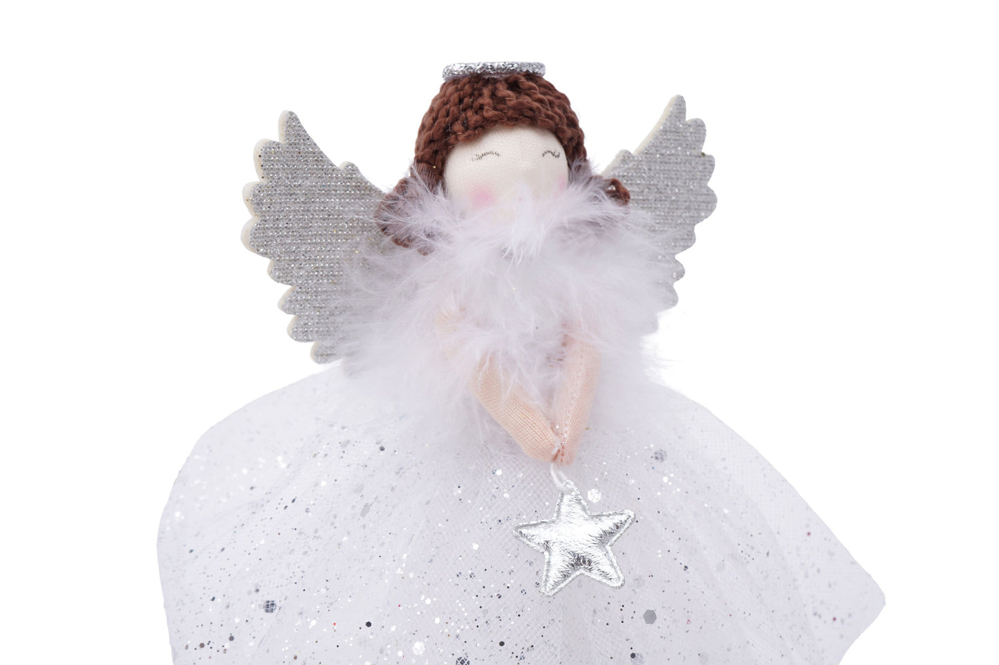 Silver Brown Haired Angel Light Up Tree Topper