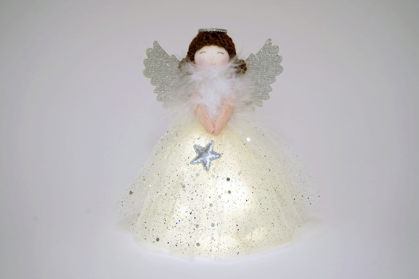 Silver Brown Haired Angel Light Up Tree Topper