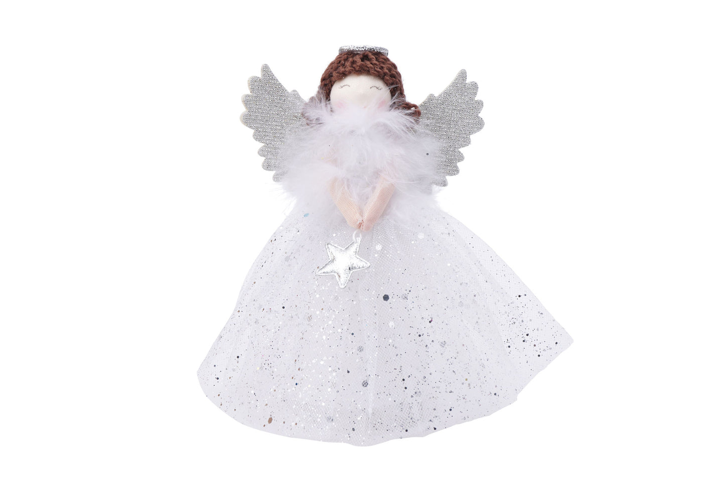 Silver Brown Haired Angel Light Up Tree Topper